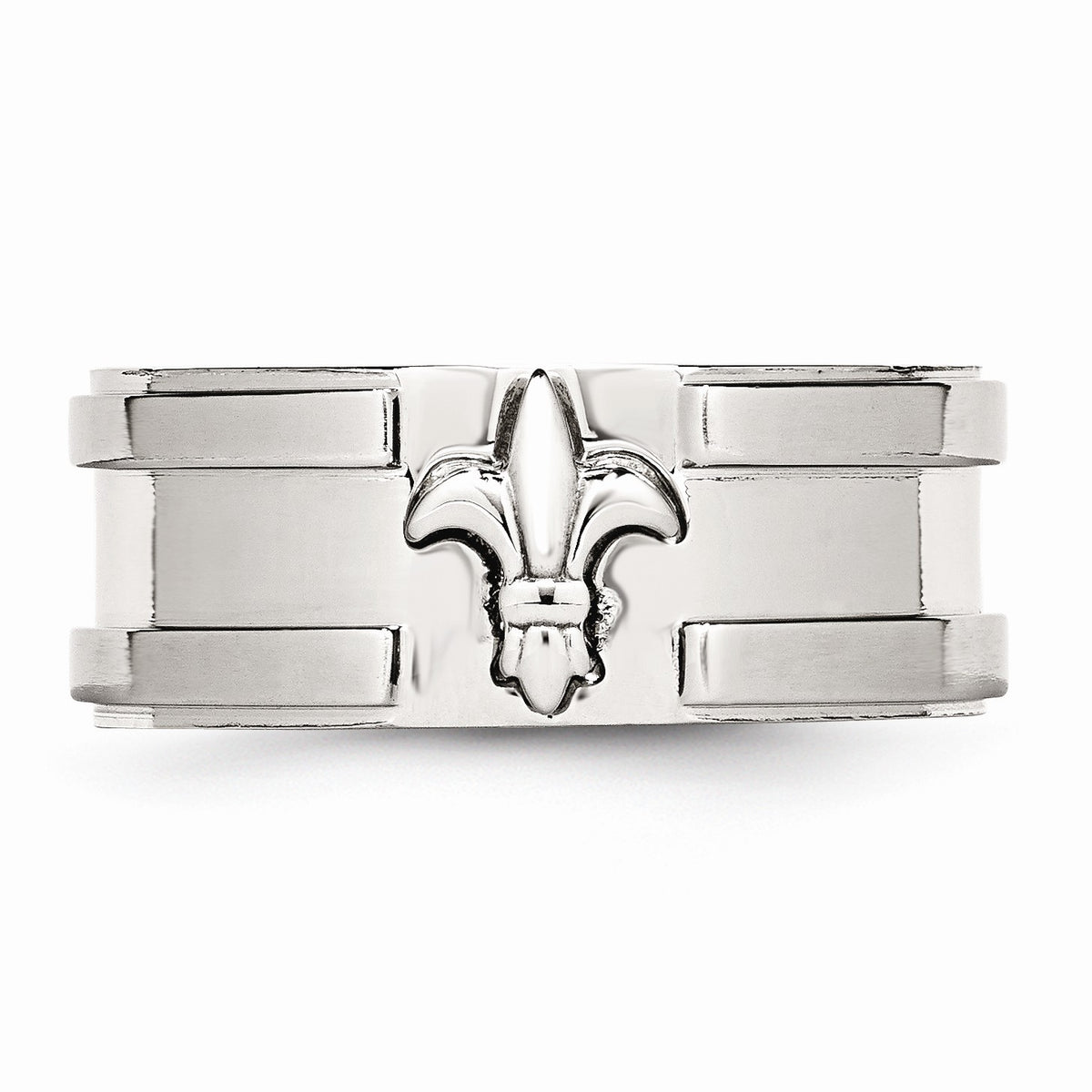 Alternate view of the Stainless Steel Fleur-de-lis 10mm Comfort Fit Band by The Black Bow Jewelry Co.