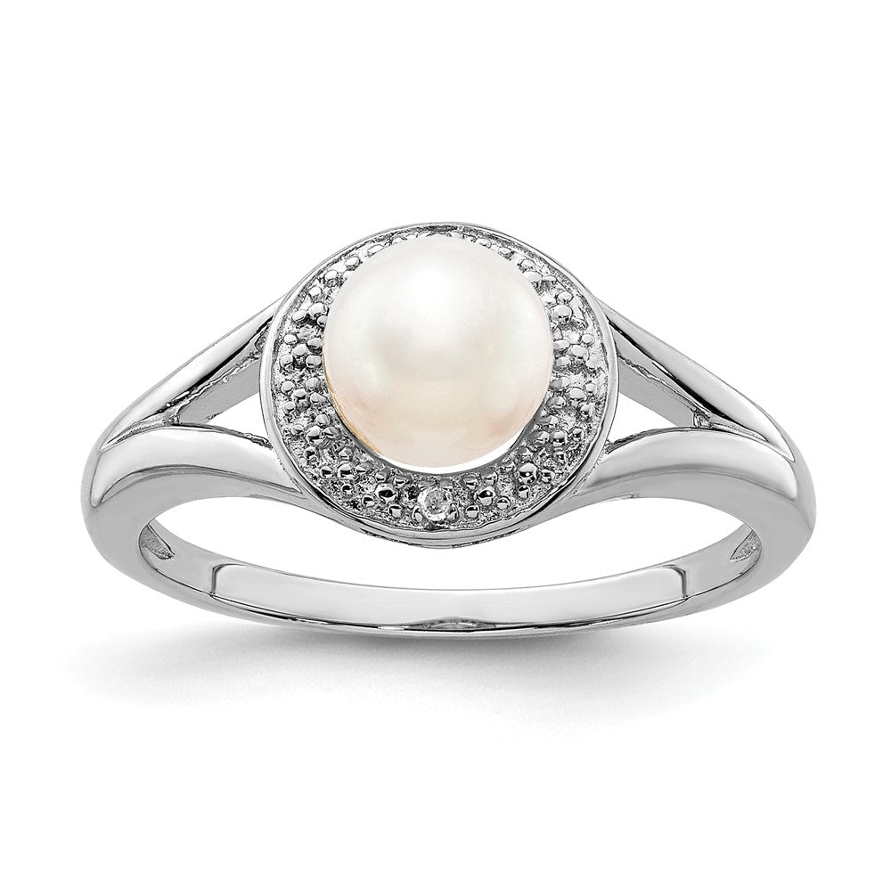 Sterling Silver .01 Ctw Diamond &amp; Cultured Pearl Halo Ring, Item R9933 by The Black Bow Jewelry Co.