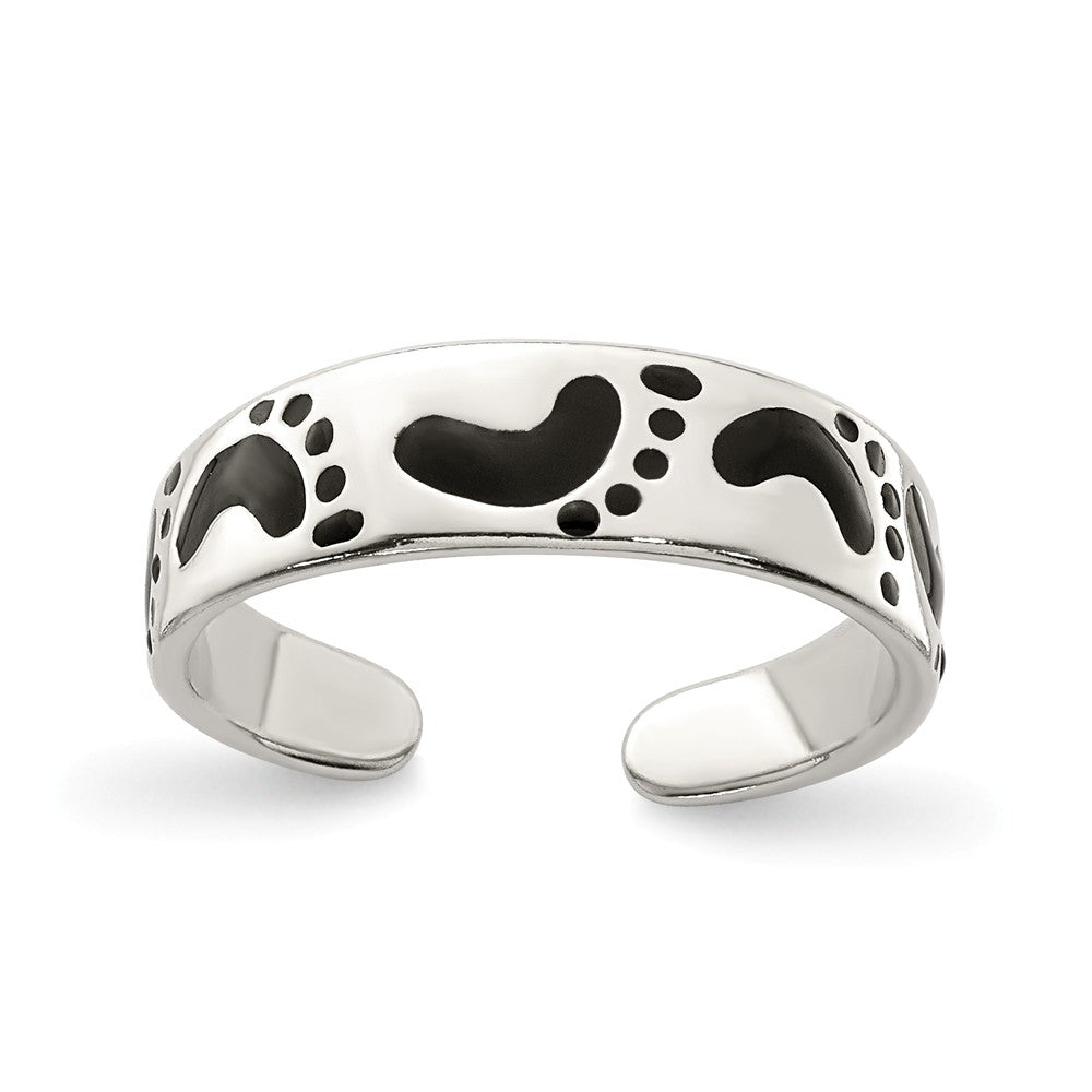 Black Enameled Footprints Toe Ring in Sterling Silver, Item T8058 by The Black Bow Jewelry Co.
