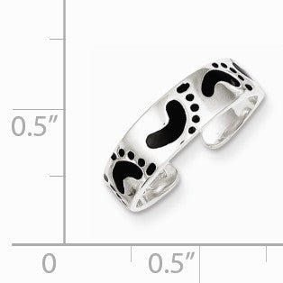 Alternate view of the Black Enameled Footprints Toe Ring in Sterling Silver by The Black Bow Jewelry Co.