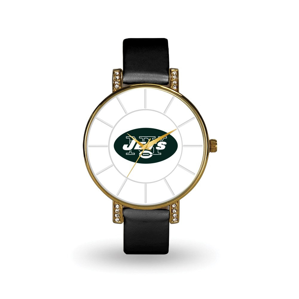 NFL Ladies New York Jets Black Leather Lunar Watch, Item W10202 by The Black Bow Jewelry Co.