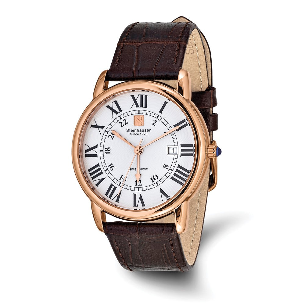 Steinhausen Mens Delemont Rose IP-plated White Dial Brown Strap Watch, Item W10746 by The Black Bow Jewelry Co.