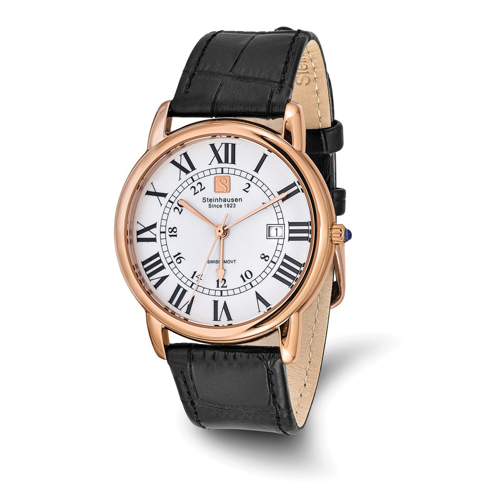 Steinhausen Mens Delemont Rose IP-plated White Dial Black Strap Watch, Item W10747 by The Black Bow Jewelry Co.