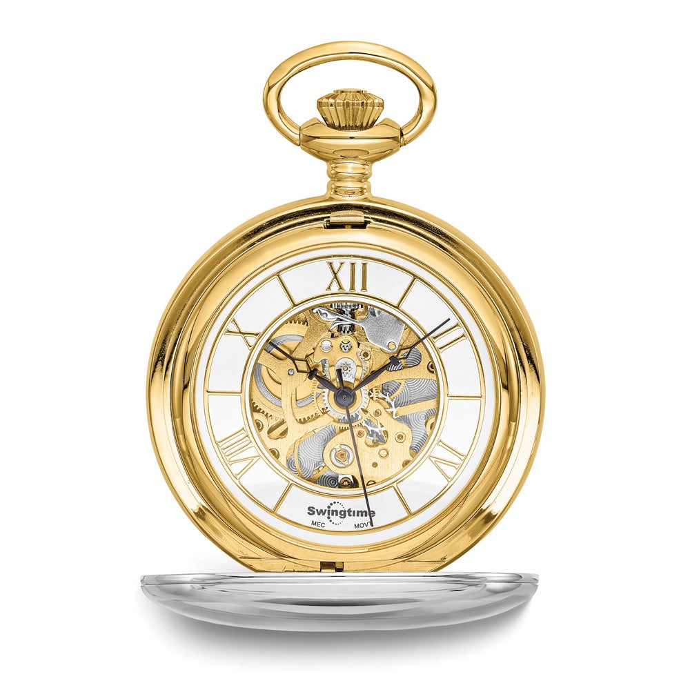 Swingtime Two-tone Brass Mechanical Double Cover Pocket Watch, Item W10759 by The Black Bow Jewelry Co.