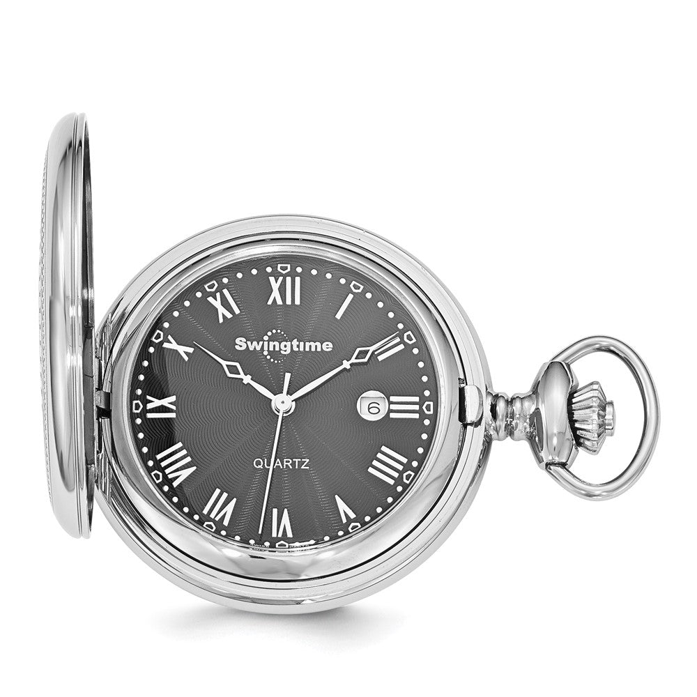 Swingtime Stainless Steel Black Dial Quartz 48mm Pocket Watch, Item W10771 by The Black Bow Jewelry Co.