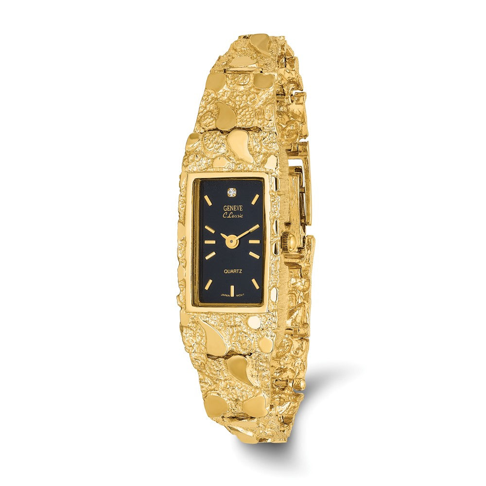 10k Yellow Gold Ladies Black Dial Rectangular Face Nugget Watch, Item W10780 by The Black Bow Jewelry Co.