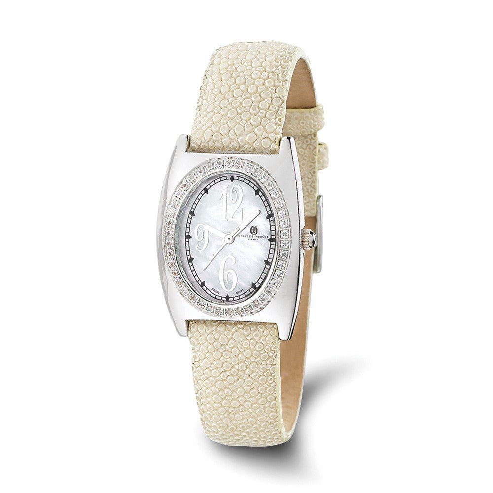 Ladies, Charles Hubert, White Leather Textured Band, Diamond Watch, Item W8140 by The Black Bow Jewelry Co.