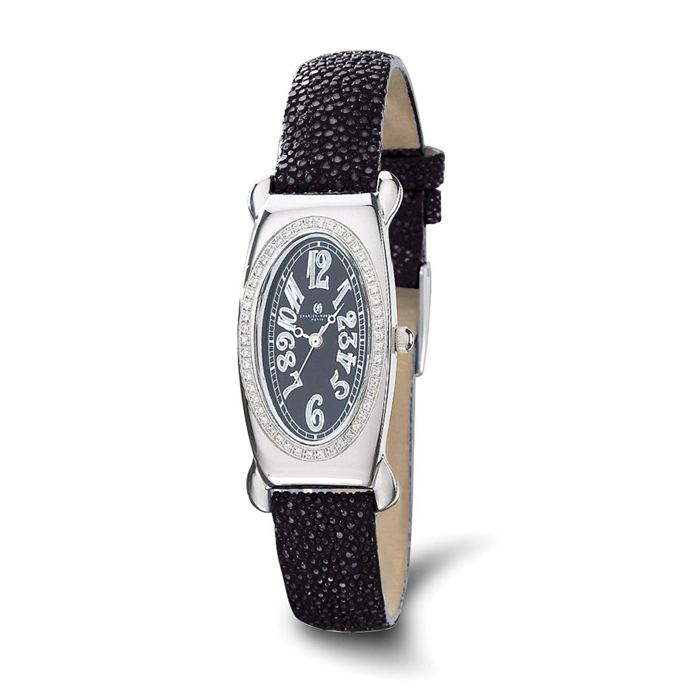 Ladies, Charles Hubert, Black Leather Textured Band, Diamond Watch, Item W8142 by The Black Bow Jewelry Co.