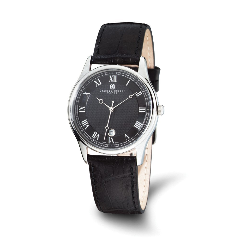 Charles Hubert Mens Black Leather Band Watch, Item W8209 by The Black Bow Jewelry Co.