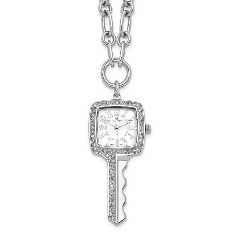 Ladies, Stainless Steel, Square Key White Dial Pendant Watch Necklace, Item W8245 by The Black Bow Jewelry Co.