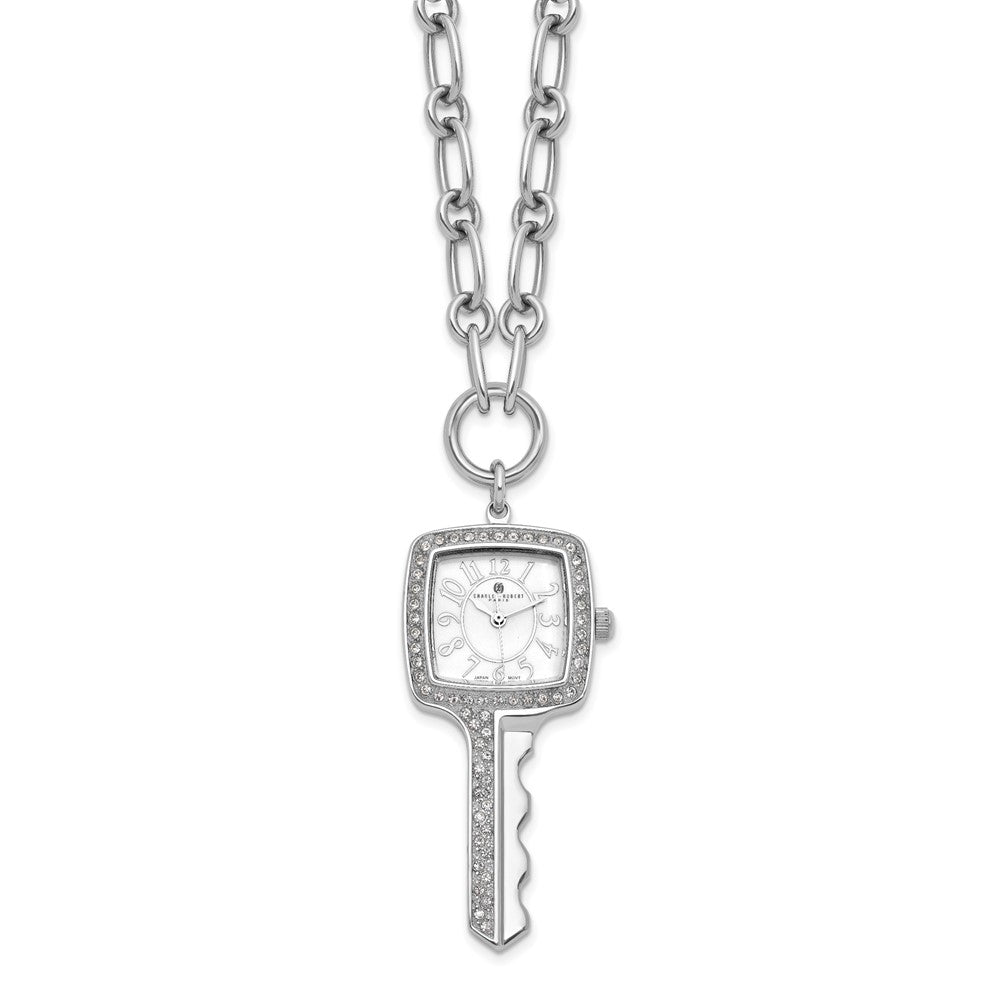 Alternate view of the Ladies, Stainless Steel, Square Key White Dial Pendant Watch Necklace by The Black Bow Jewelry Co.