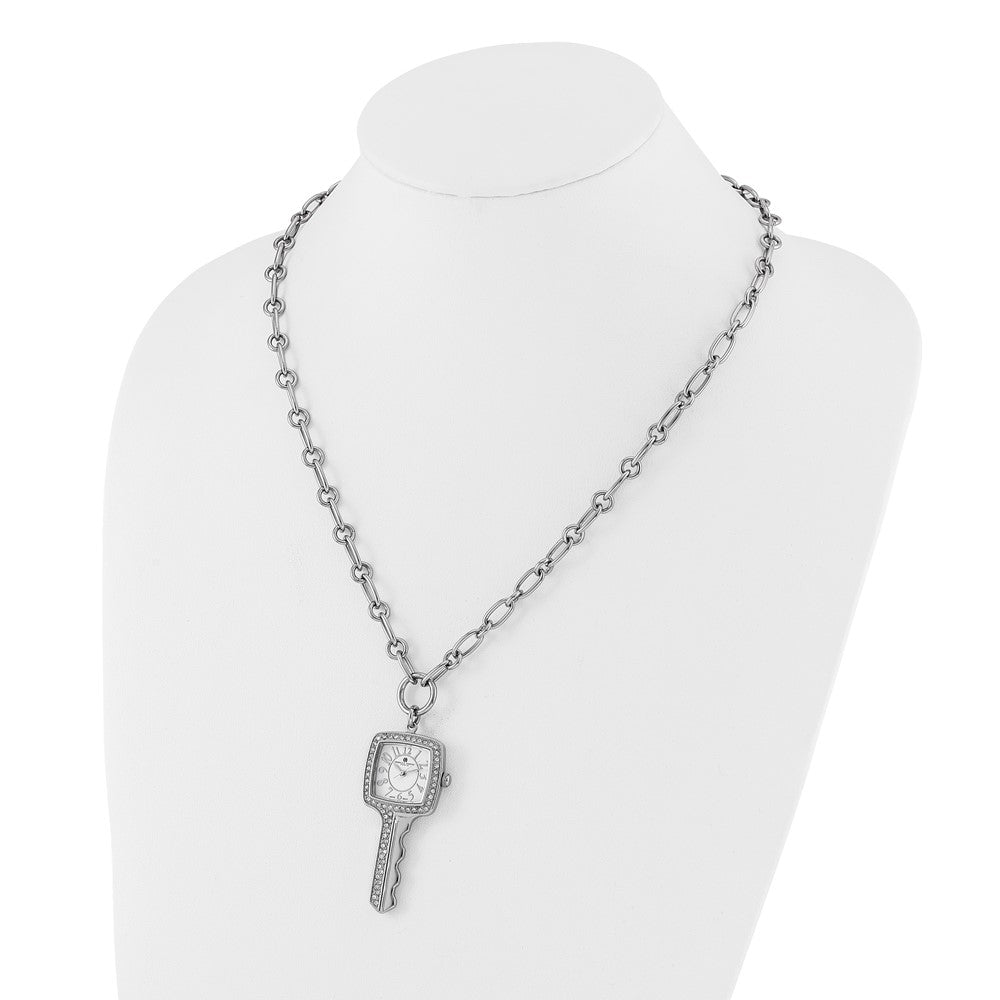 Alternate view of the Ladies, Stainless Steel, Square Key White Dial Pendant Watch Necklace by The Black Bow Jewelry Co.