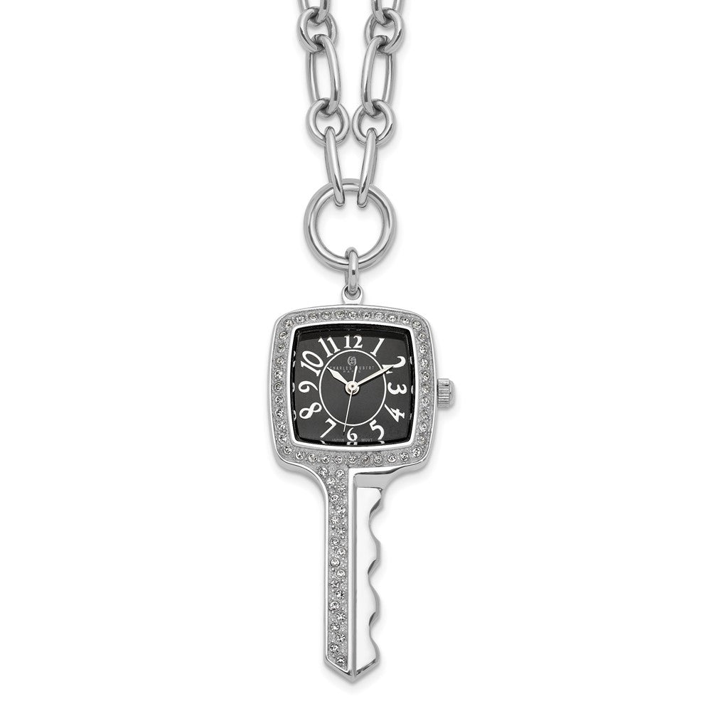 Ladies, Stainless Steel, Square Key Black Dial Pendant Watch Necklace, Item W8246 by The Black Bow Jewelry Co.