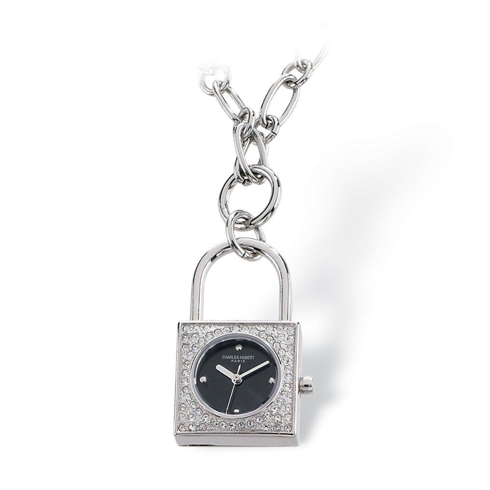 Ladies, Stainless Steel, Black Dial Padlock Pendant Watch Necklace, Item W8247 by The Black Bow Jewelry Co.