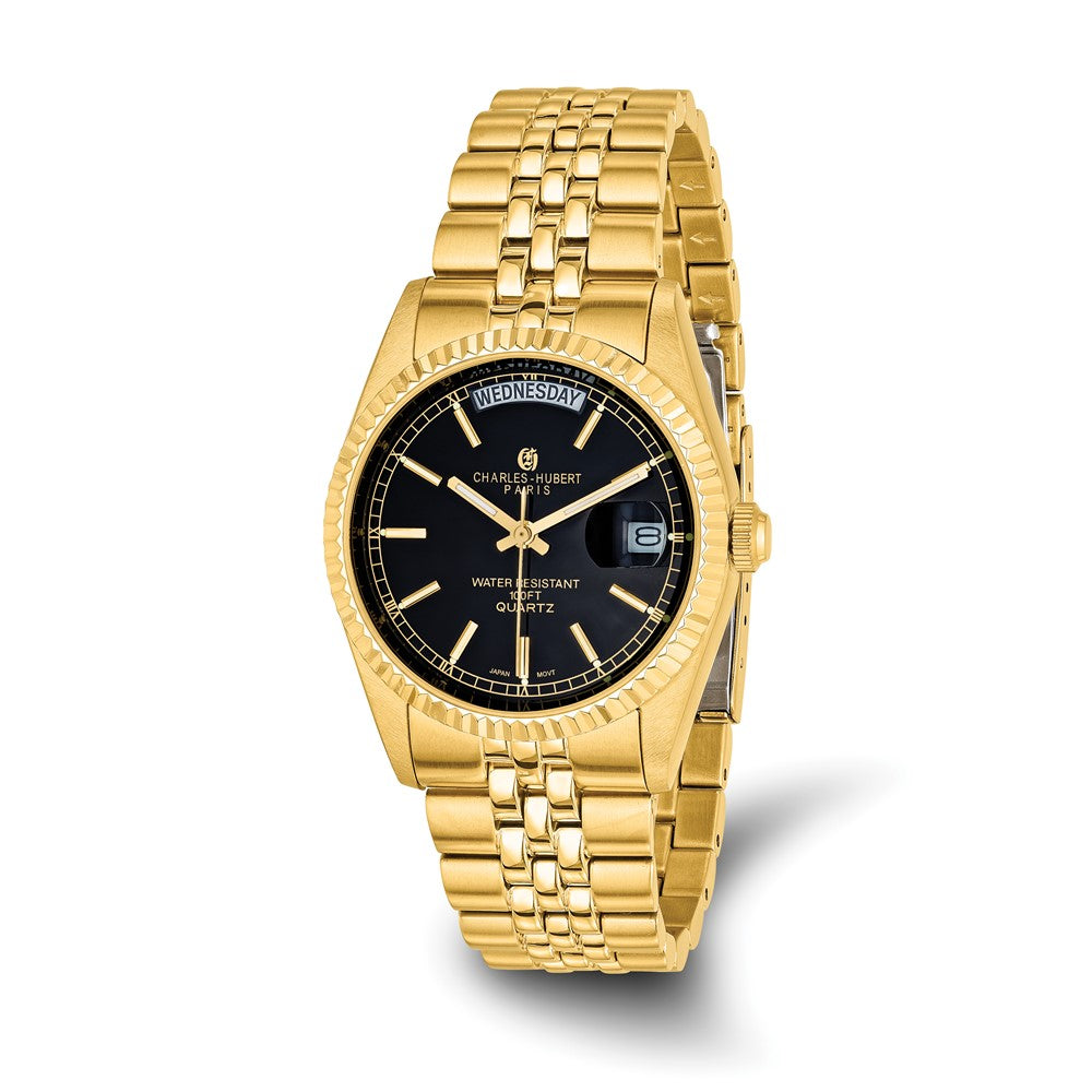 Charles Hubert Mens Gold-plated Black Dial Panther Link Watch, Item W8319 by The Black Bow Jewelry Co.