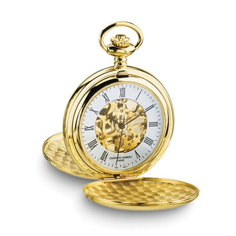 Charles Hubert 14k Gold Finish White Skeleton Dial Pocket Watch, Item W8412 by The Black Bow Jewelry Co.