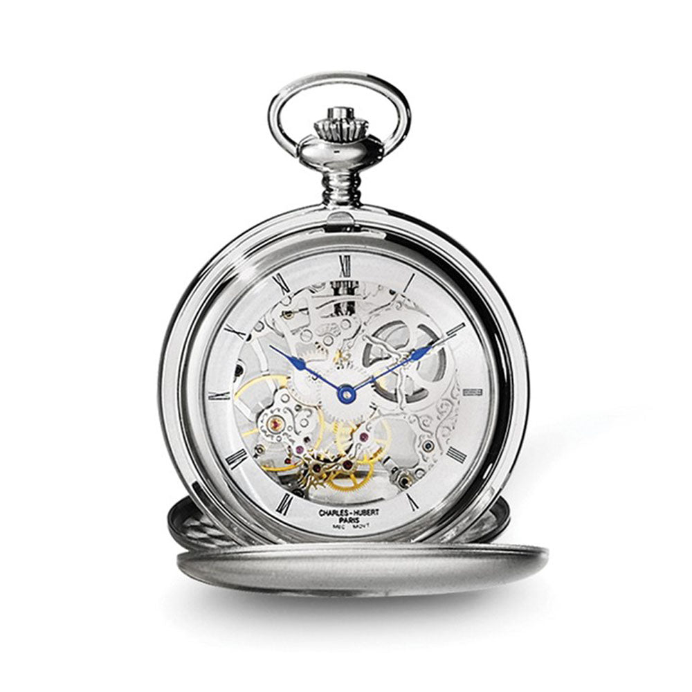 Charles Hubert Stainless Steel Double Cover Satin Pocket Watch, Item W8428 by The Black Bow Jewelry Co.