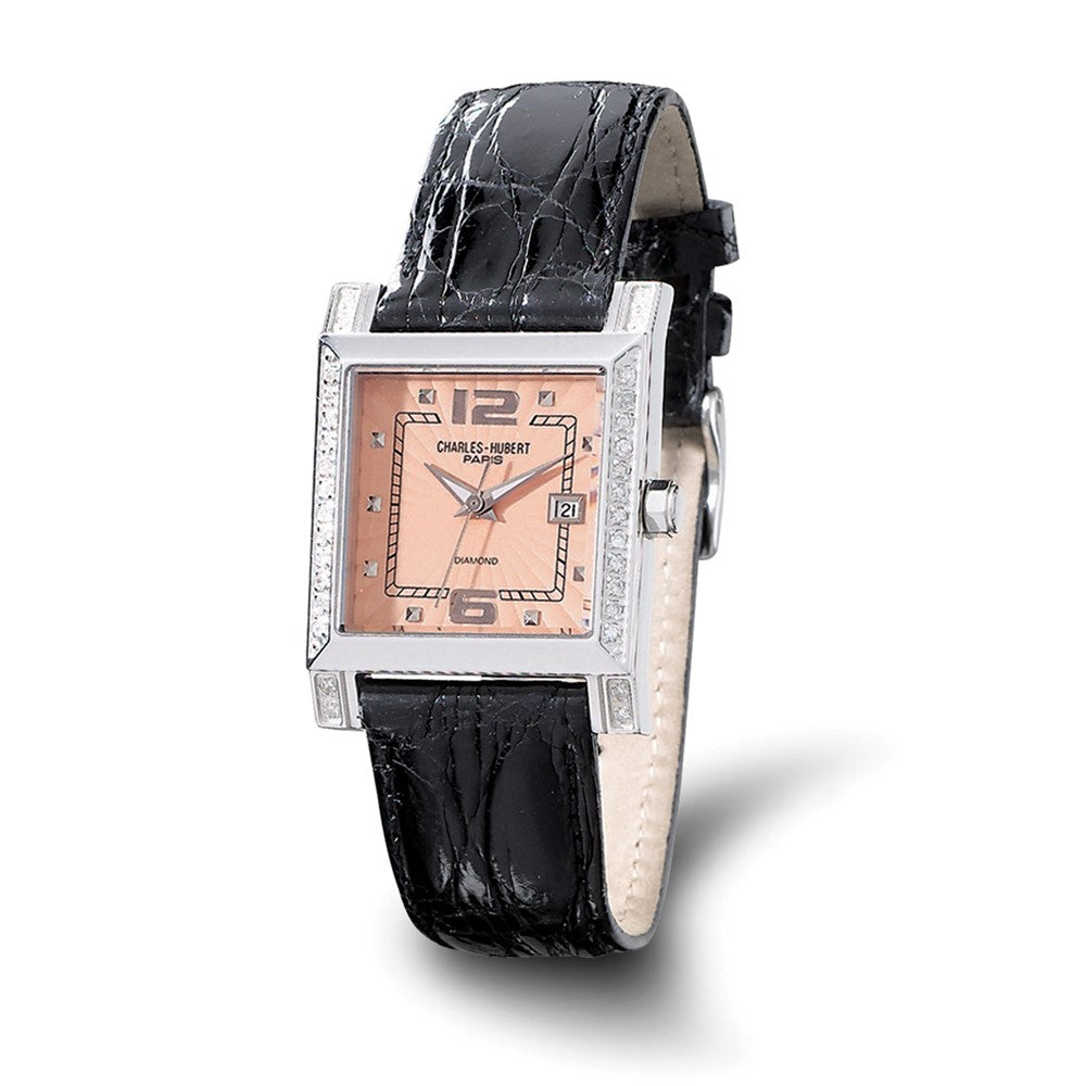 Charles Hubert Ladies 0.42ct. Dia Blk Band Peach 29x28mm Dial Watch, Item W8445 by The Black Bow Jewelry Co.