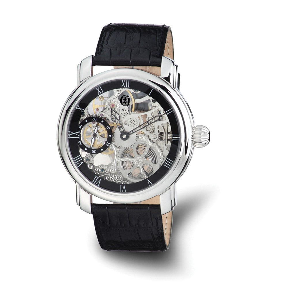 Charles Hubert Mens Leather Band Black Skeleton Dial Watch, Item W8471 by The Black Bow Jewelry Co.