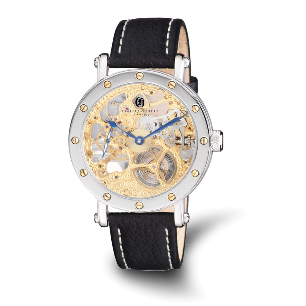 Charles Hubert Mens Leather Band Gold-tone Skeleton Dial Watch, Item W8472 by The Black Bow Jewelry Co.