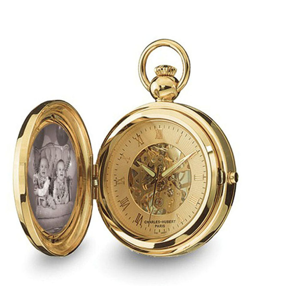 Charles Hubert Gold Finish Brass 2-Photo Insert Pocket Watch, Item W8491 by The Black Bow Jewelry Co.