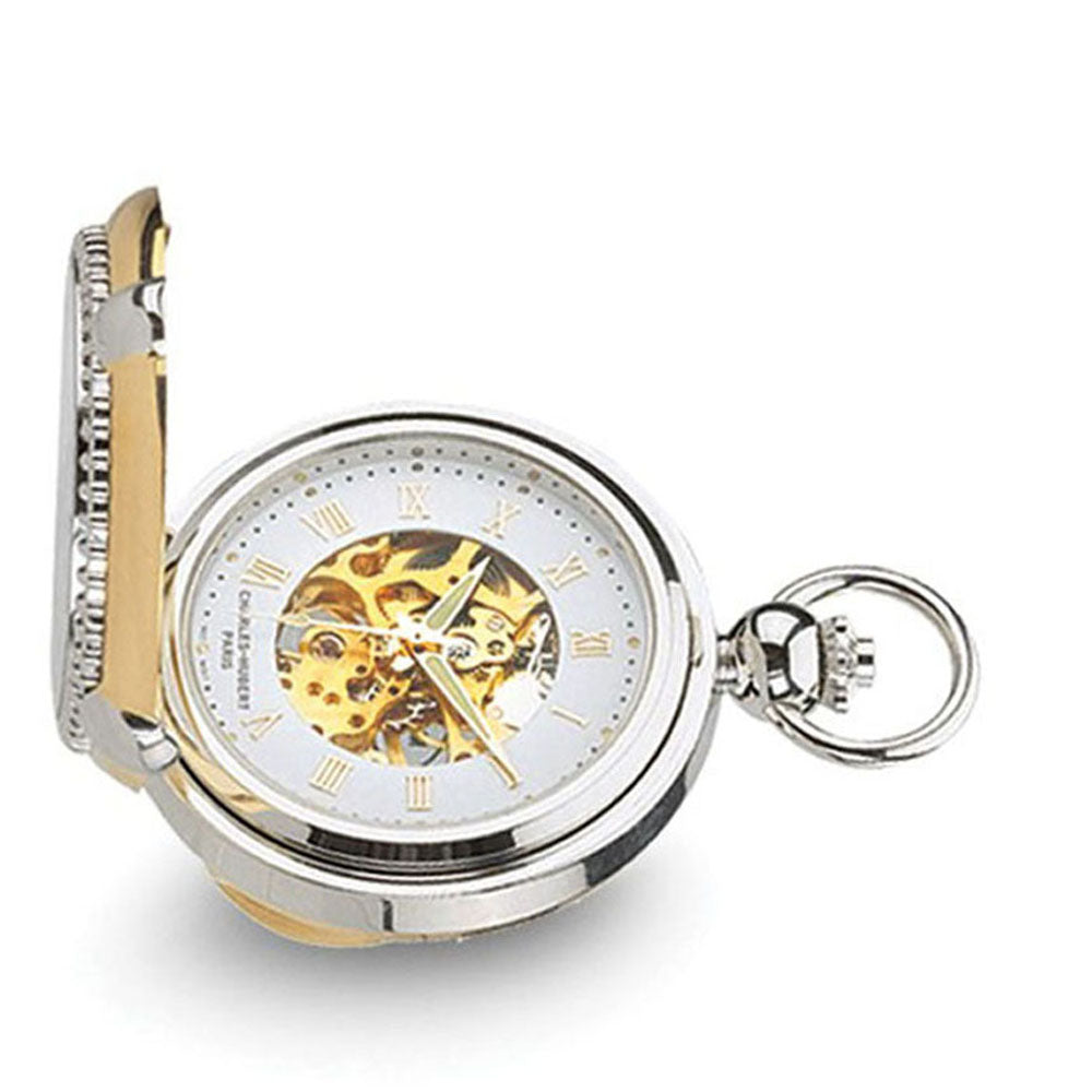 Charles Hubert Gold Finish 2-tone Brass 2-Photo Insert Pocket Watch, Item W8492 by The Black Bow Jewelry Co.