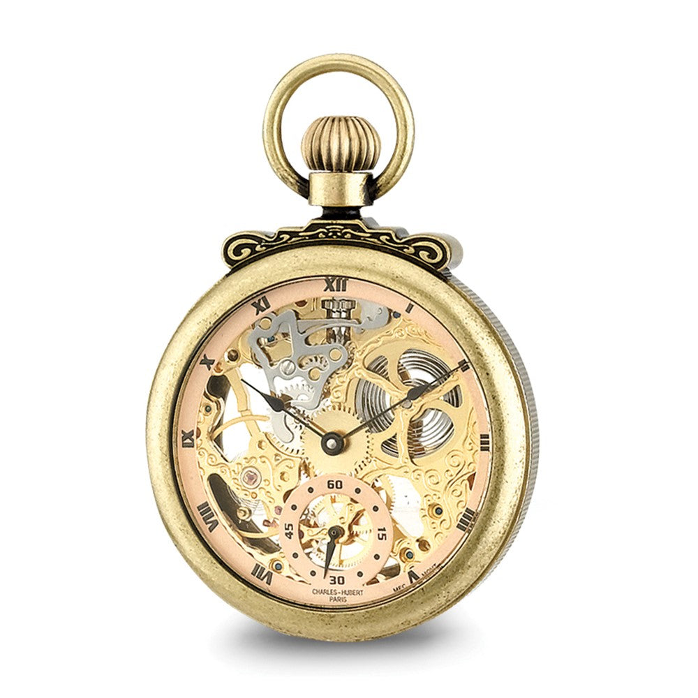 Charles Hubert Antique Gold Finish Brass Skeleton Pocket Watch, Item W8493 by The Black Bow Jewelry Co.