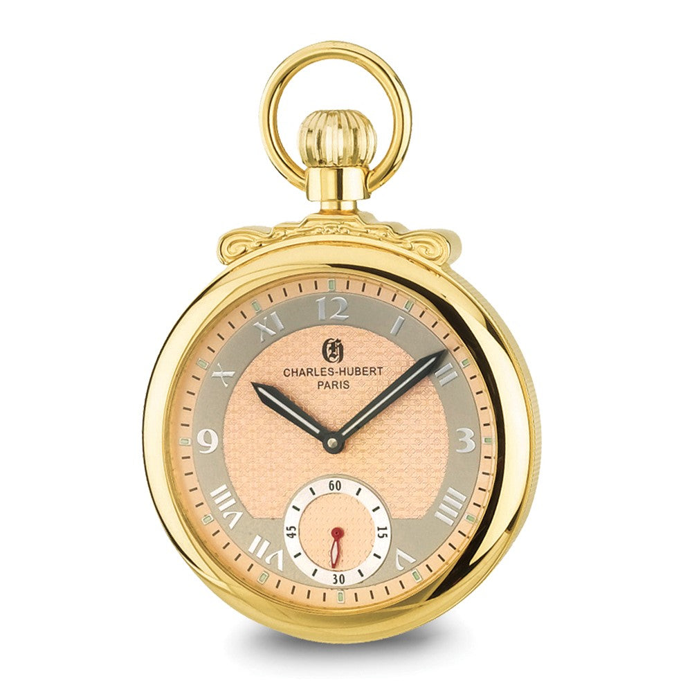 Charles Hubert Gold Finish Champagne Dial Open Face Pocket Watch, Item W8496 by The Black Bow Jewelry Co.