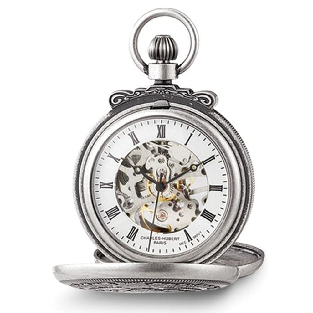Charles Hubert Antique Chrome Finish Skeleton 47mm Pocket Watch, Item W8502 by The Black Bow Jewelry Co.