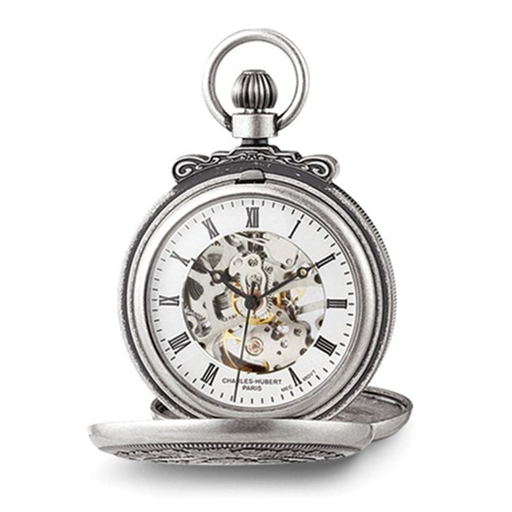 Charles Hubert Antique Chrome Finish Lion Crest Pocket Watch, Item W8506 by The Black Bow Jewelry Co.