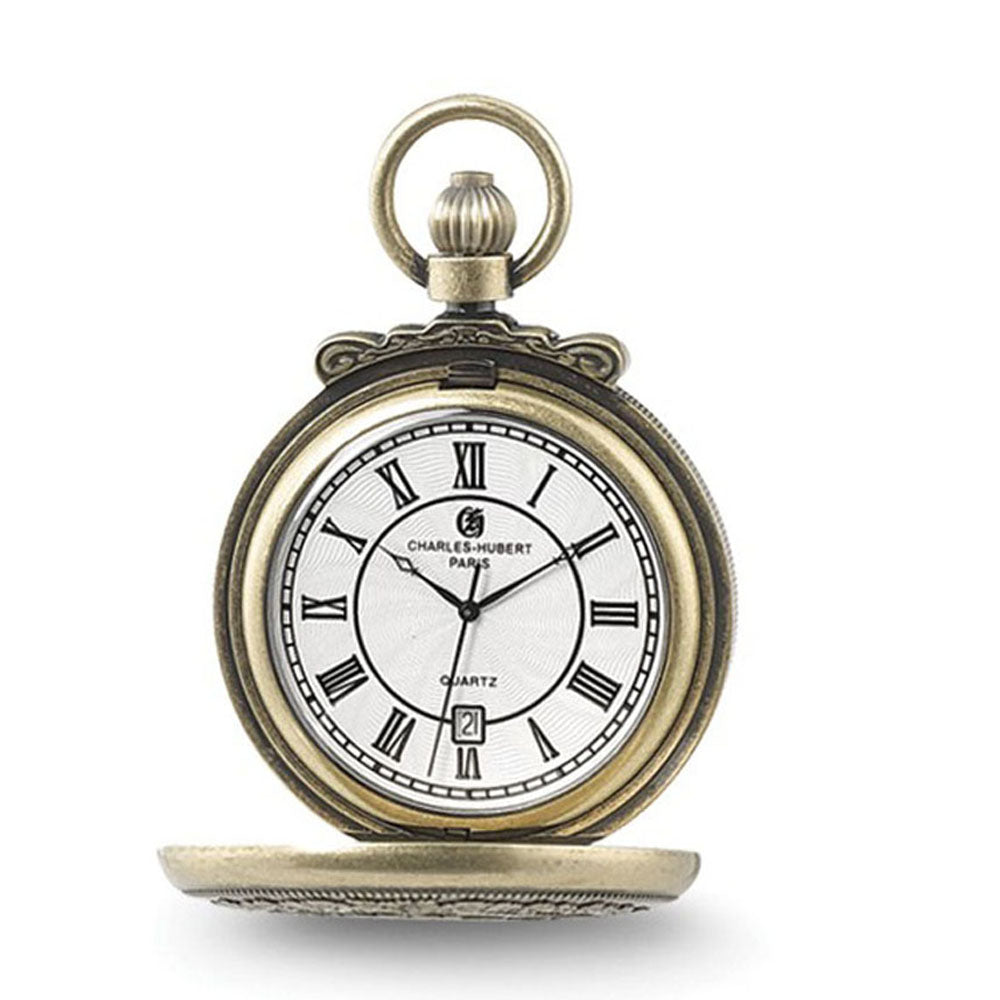 Charles Hubert Antique Gold Finish Steam Engine Pocket Watch, Item W8507 by The Black Bow Jewelry Co.