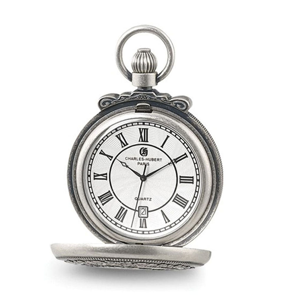 Charles Hubert Antique Chrome Finish Steam Engine Pocket Watch, Item W8508 by The Black Bow Jewelry Co.