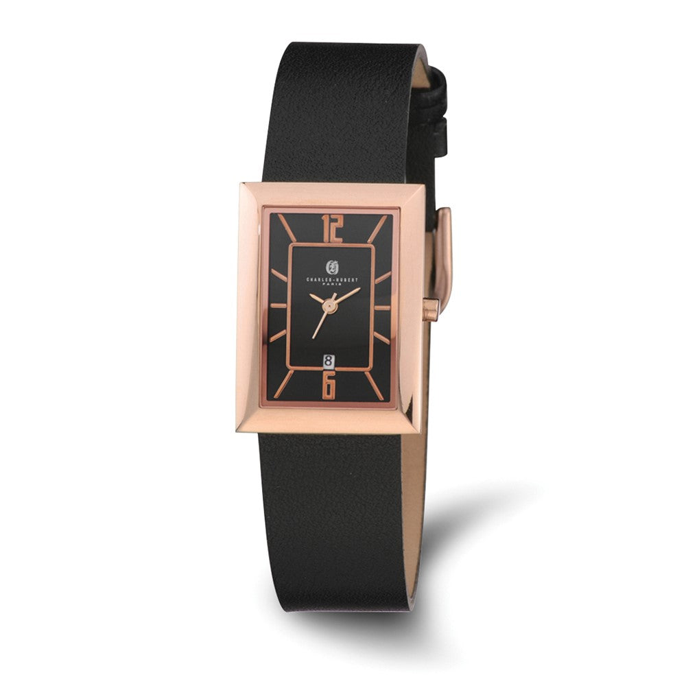 Charles Hubert Ladies Rose Tone &amp; Black Rectangle Dial Quartz Watch, Item W8537 by The Black Bow Jewelry Co.