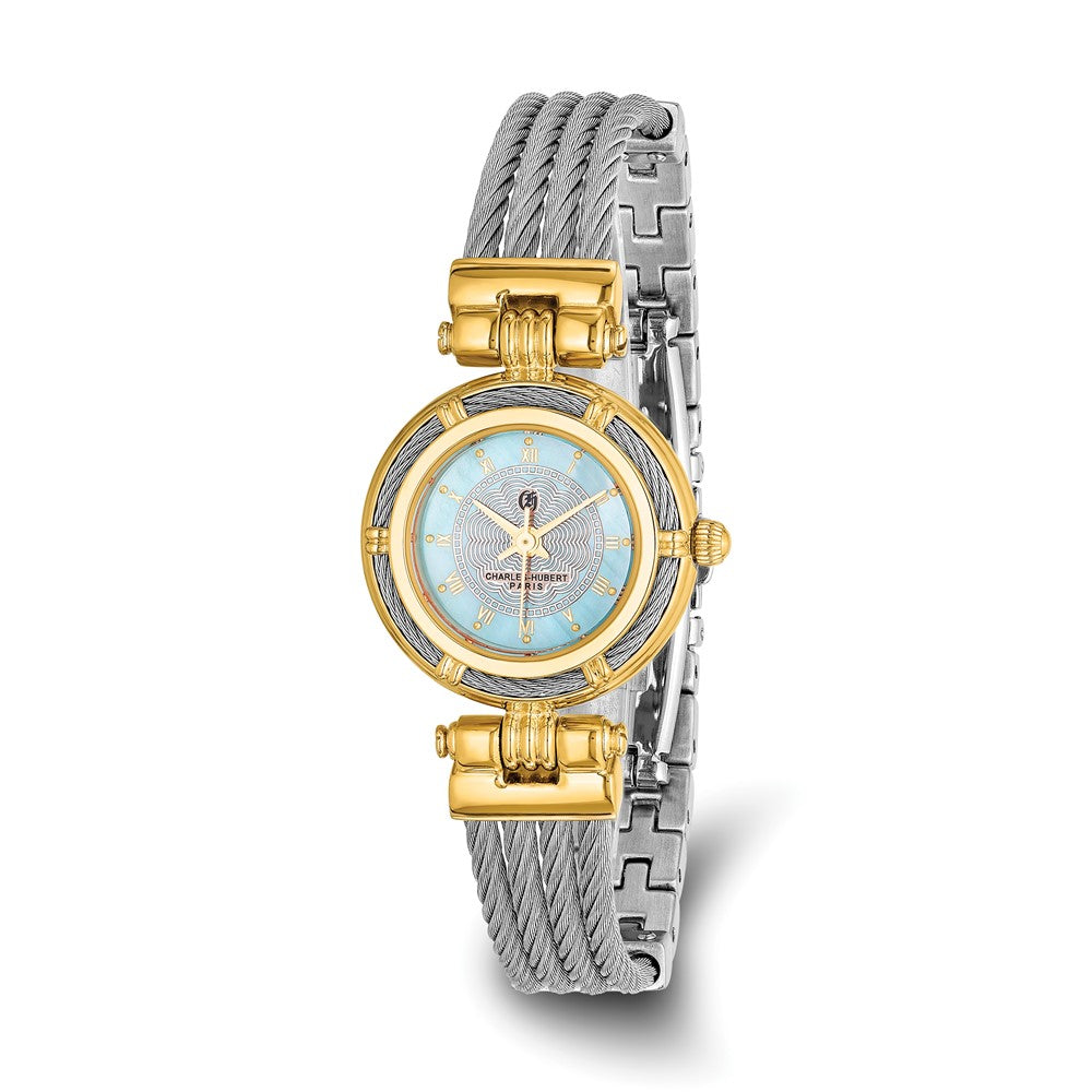 Charles Hubert Ladies Two Tone MOP Dial w/Stnlss Stl Wire Bangle Watch, Item W8557 by The Black Bow Jewelry Co.