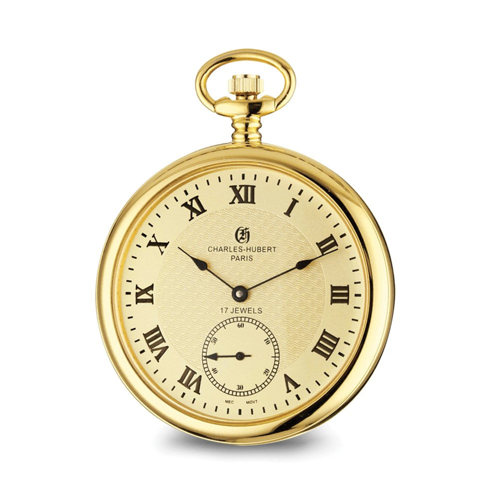 Charles Hubert IP-pltd Stnlss Stl Open Face Gold Dial Pocket Watch, Item W8585 by The Black Bow Jewelry Co.
