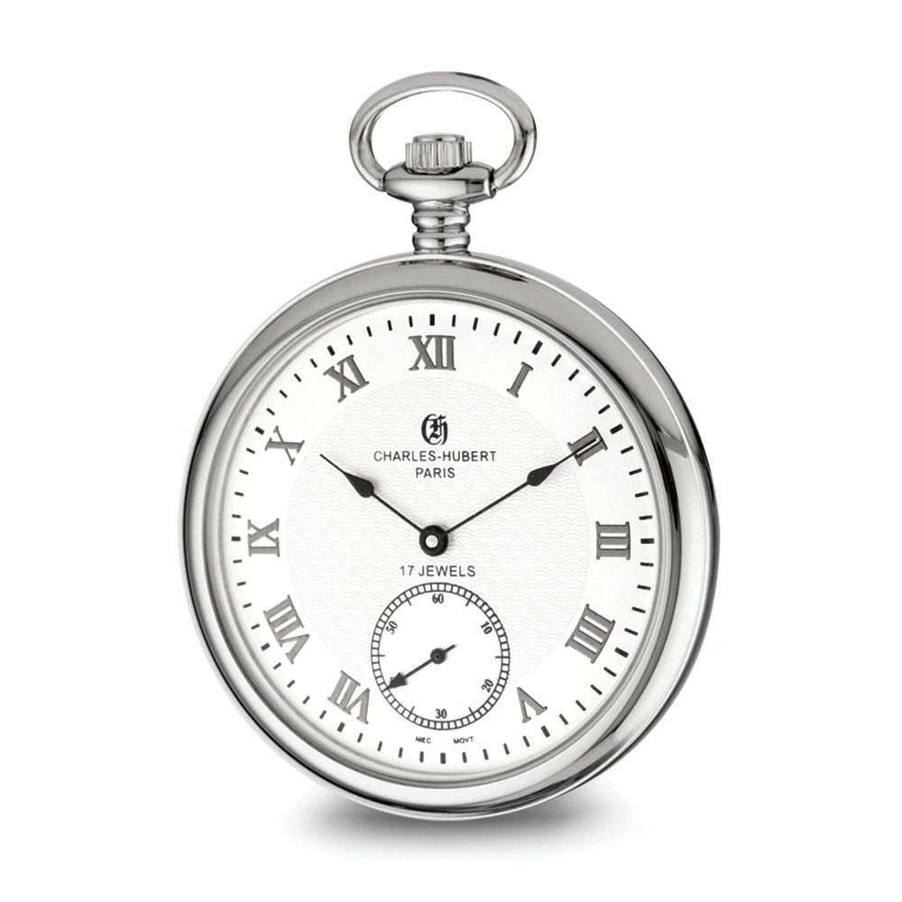 Charles Hubert Stnlss Stl Open Face White Dial Pocket Watch, Item W8586 by The Black Bow Jewelry Co.