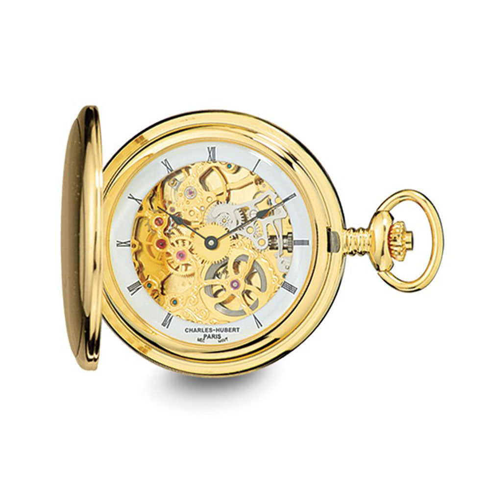 Charles Hubert IP-plated Stnlss Steel Skeleton Dial Pocket Watch 54mm, Item W8587 by The Black Bow Jewelry Co.