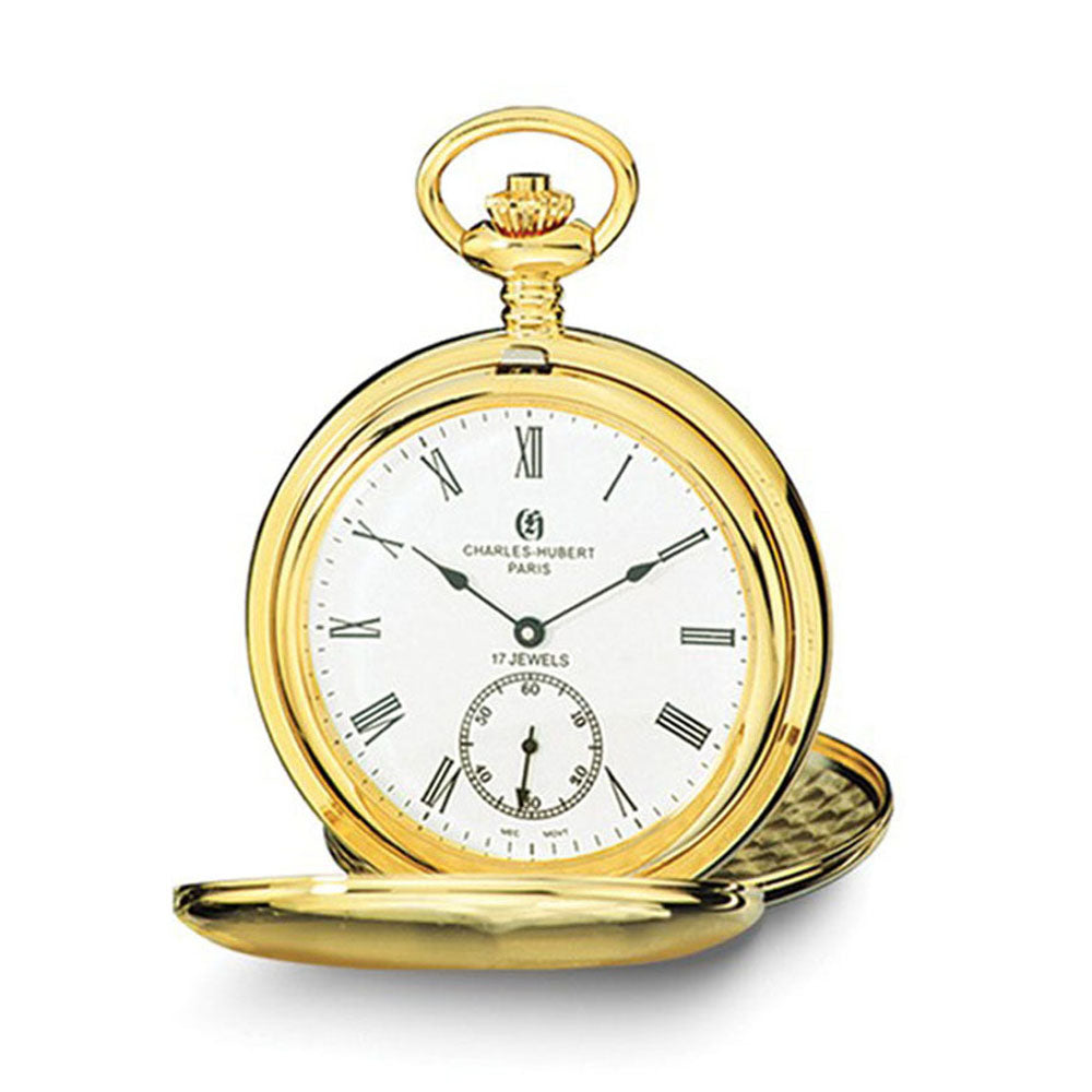 Charles Hubert Polished Gold Tone Stnlss Steel White Dial Pocket Watch, Item W8595 by The Black Bow Jewelry Co.