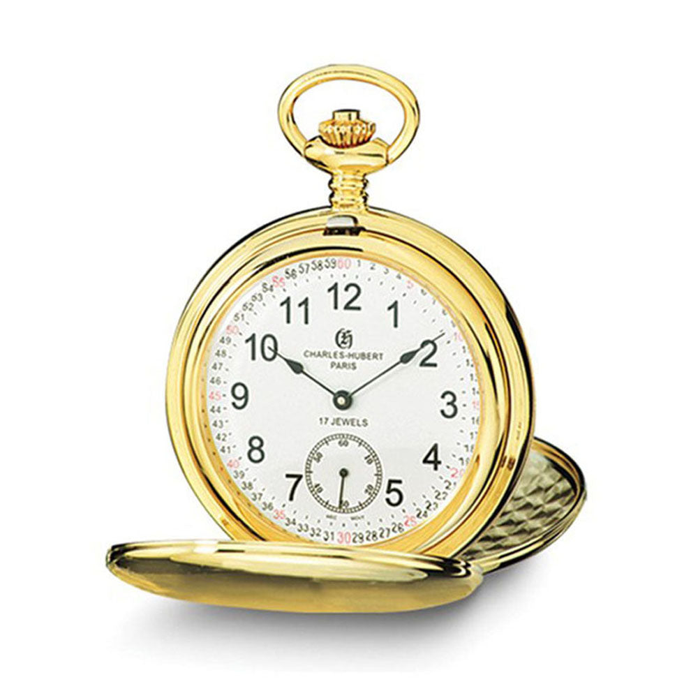 Charles Hubert Gold Tone Stnlss Steel White Dial Polished Pocket Watch, Item W8596 by The Black Bow Jewelry Co.