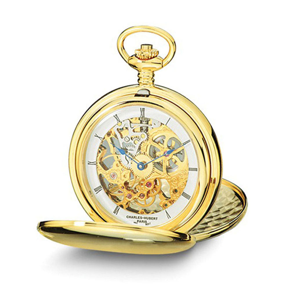 Charles Hubert Gold Tone Stnlss Steel Skeleton Dial Pocket Watch 54mm, Item W8597 by The Black Bow Jewelry Co.