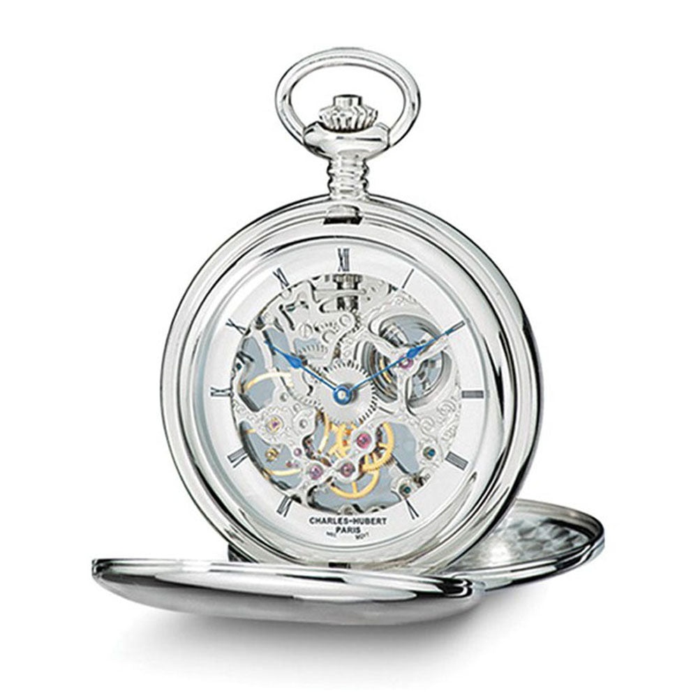 Charles Hubert Stainless Steel Skeleton Dial 54mm Pocket Watch, Item W8598 by The Black Bow Jewelry Co.