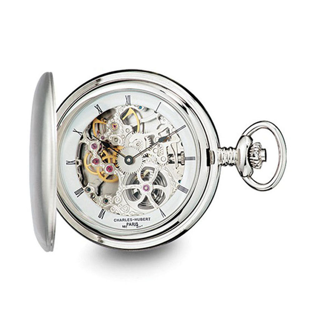 Charles Hubert Polished Stnlss Steel Skeleton Dial 54mm Pocket Watch, Item W8599 by The Black Bow Jewelry Co.