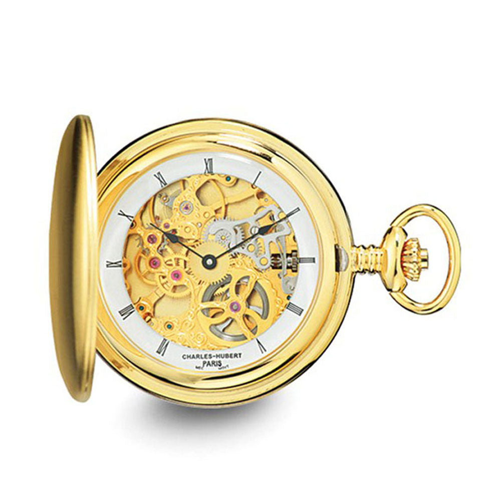 Charles Hubert Gold Tone Stnlss Steel Skeleton Dial 54mm Pocket Watch, Item W8600 by The Black Bow Jewelry Co.