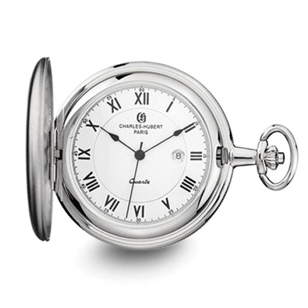 Charles Hubert Satin Chrome Finish White Dial Pocket Watch 50mm, Item W8606 by The Black Bow Jewelry Co.