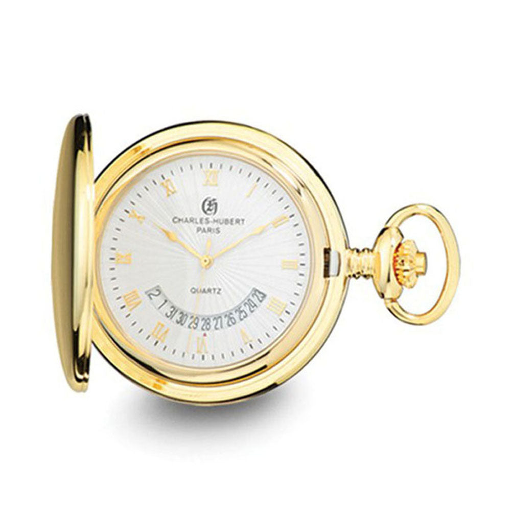 Charles Hubert Gold Finish White Dial Pocket Watch 47mm, Item W8607 by The Black Bow Jewelry Co.