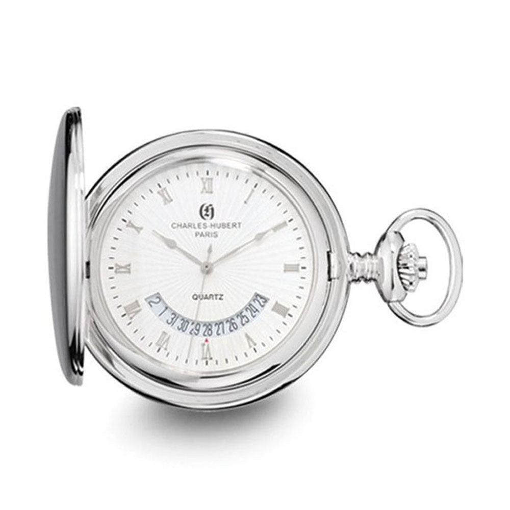 Charles Hubert Chrome-Finish White Dial Pocket Watch 47mm, Item W8608 by The Black Bow Jewelry Co.