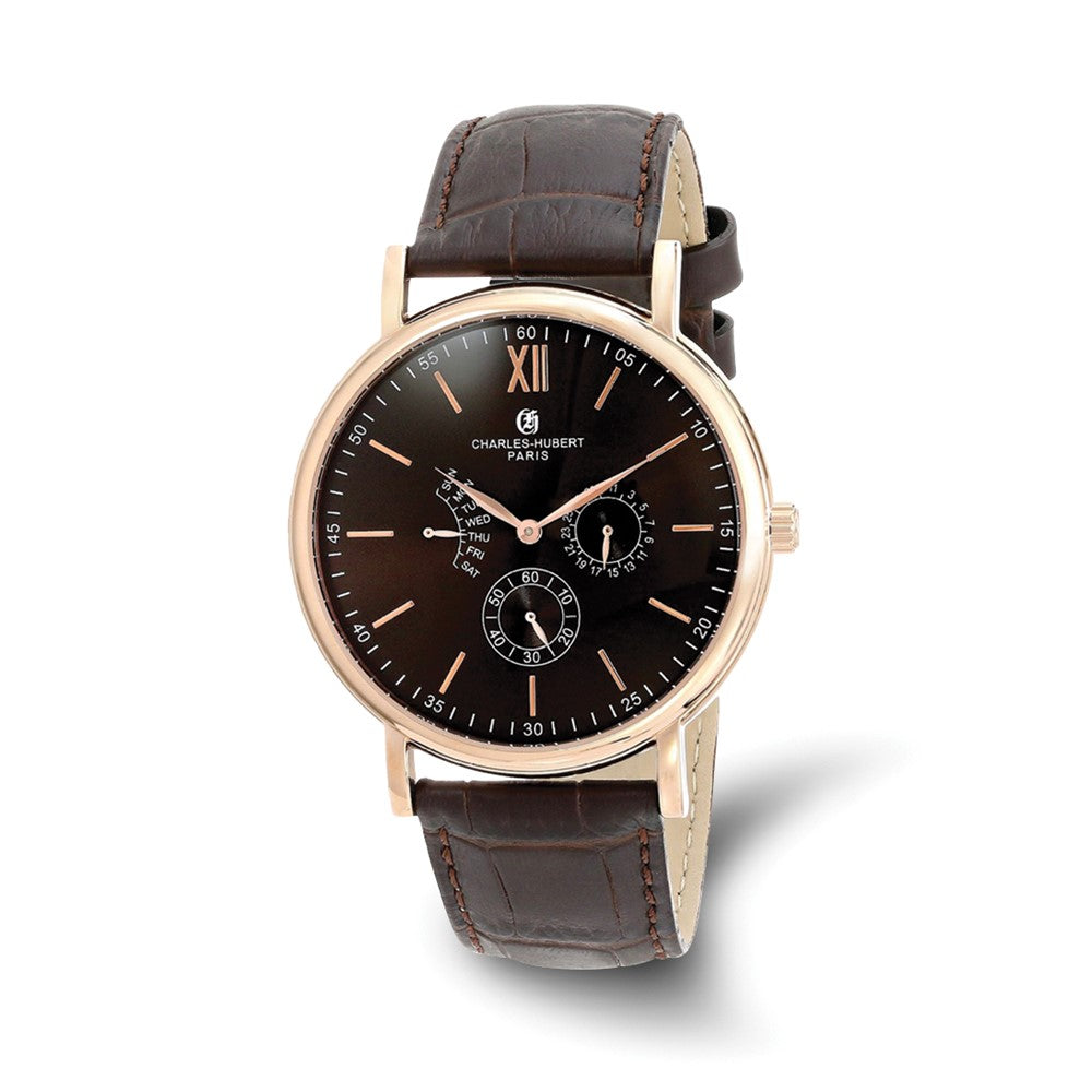 Charles Hubert Mens Rose Tone Stainless Brown Leather Band 46mm Watch, Item W8636 by The Black Bow Jewelry Co.