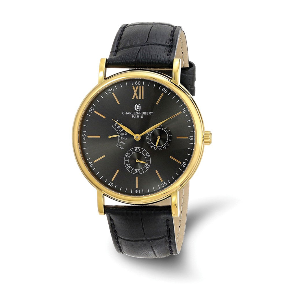 Charles Hubert Mens Gold Tone Stainless Black Leather Band 46mm Watch, Item W8637 by The Black Bow Jewelry Co.