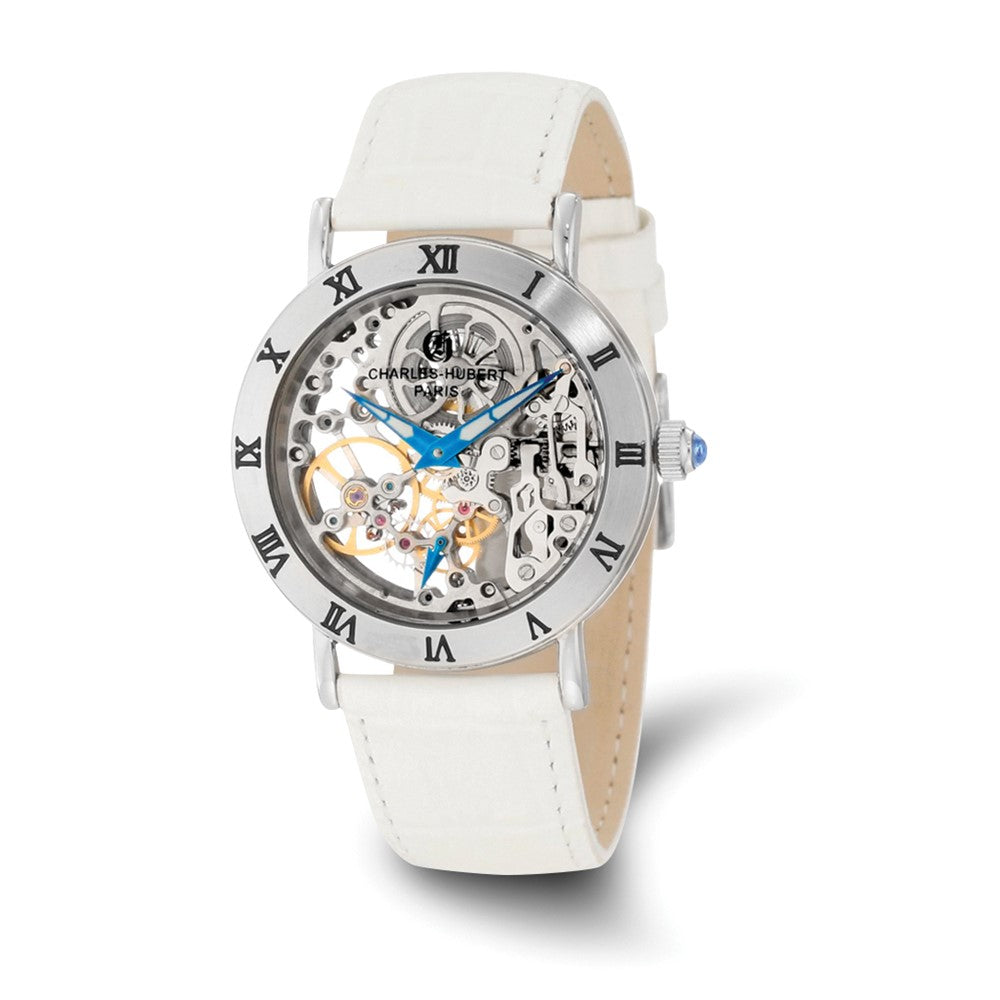 Charles Hubert Ladies Stainless 35mm Skeleton Dial Leather Band Watch, Item W8678 by The Black Bow Jewelry Co.