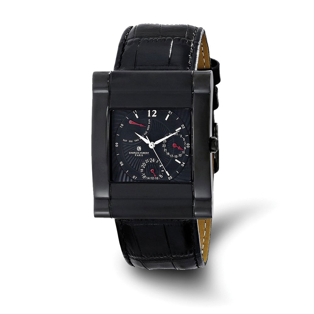 Charles Hubert Mens IP Black Stnlss Leather Band 35x43mm Watch, Item W8685 by The Black Bow Jewelry Co.